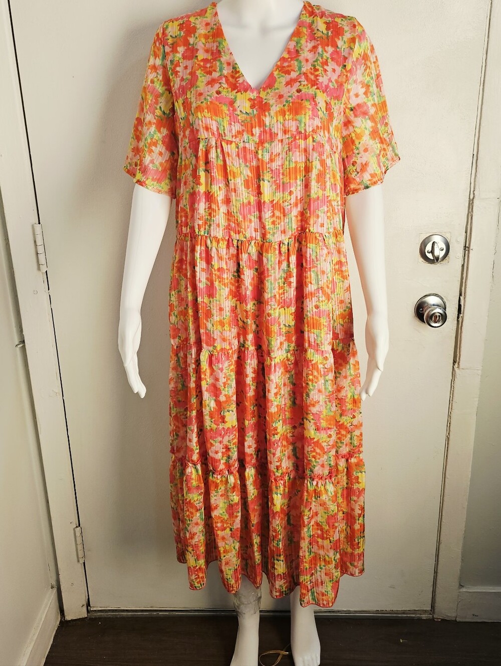 ANNA KAY Paris Made in France Floral Tiered Lurex Maxi Dress Small Pink Orange